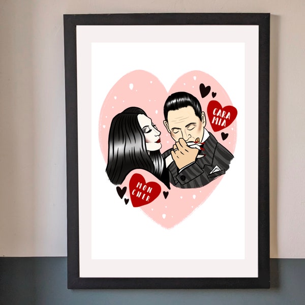 Morticia & Gomez Addams Family 90’s Movie Art Print | Pinks, Berry, Red Tones | Lovers Alternative Gift