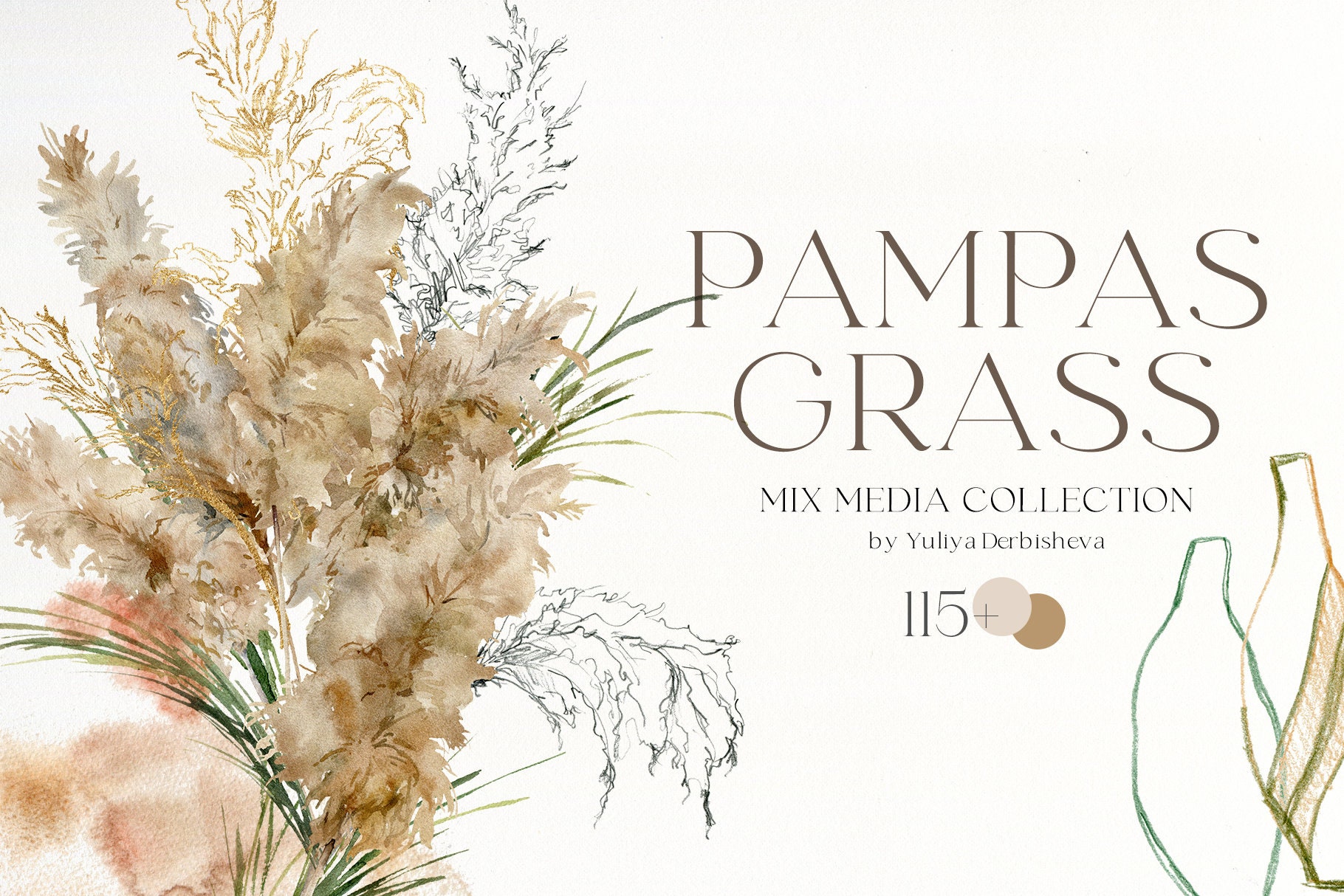 Pampas grass clipart. Watercolor pampas grass floral clipart. Etsy