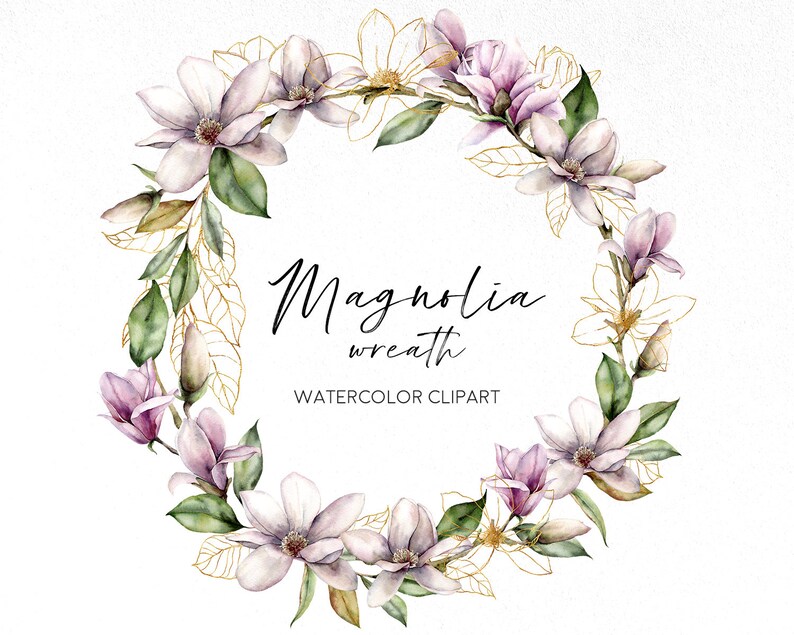 Watercolor Magnolia Wreath Clipart. White and Pink Magnolia | Etsy