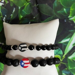 Puerto Rico Flag Bracelet: Lava & Obsidian Beaded Stretchy Bracelet