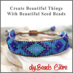May include: A woven seed bead bracelet featuring a geometric pattern in shades of blue, turquoise, and purple, with brown cord ties. The text "Create Beautiful Things With Beautiful Seed Beads" and "diy Beads Store" is visible in the image.