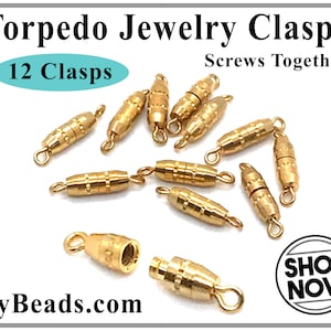 Torpedo Clasps - Gold Plated - Size 15mm - Very Secure - Screws together - Sold 12 Clasps - Diy Beads