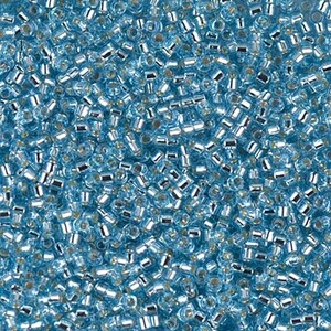 May include: A close-up view of a large quantity of small, light blue seed beads with silver accents. The beads are arranged in a random pattern, creating a shimmering effect.