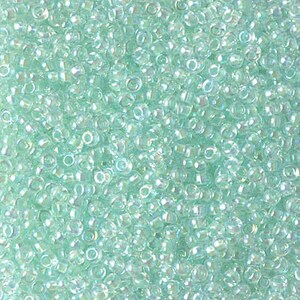 May include: A close-up view of a large quantity of small, round, iridescent light blue glass beads.