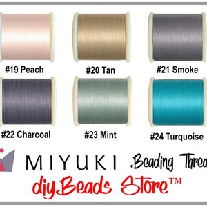 May include: Six spools of Miyuki beading thread in colors #19 Peach, #20 Tan, #21 Smoke, #22 Charcoal, #23 Mint, and #24 Turquoise. The image includes the text Miyuki Beading Thread and diyBeadsStore with a logo featuring a stylized purple and red shape.