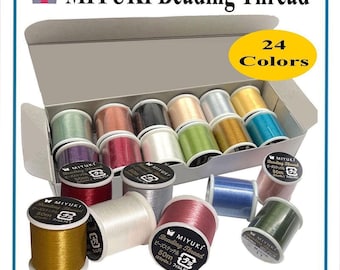 May include: A set of Miyuki beading thread spools in 24 colors, presented in a cardboard box. Each spool contains 50 meters of pre-waxed thread. The packaging features the text Pre-Waxed Very Popular, Miyuki Beading Thread, 24 Colors, and Smooth & Strong.