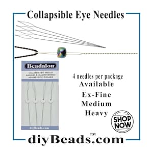 May include: Four silver-toned collapsible eye needles with thin, flexible wire loops for threading beads. The packaging displays the Beadalon brand name, text indicating 4 needles per package, and options for Ex-Fine, Medium, and Heavy gauge sizes.