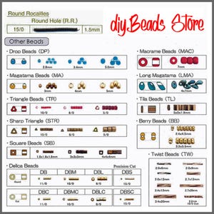May include: A comprehensive bead reference chart titled diyBeads Store, displaying various bead shapes including Round Rocailles, Drop, Magatama, Triangle, Sharp Triangle, Square, Delica, Macrame, Long Magatama, Tila, Berry, and Twist beads with metric measurements.
