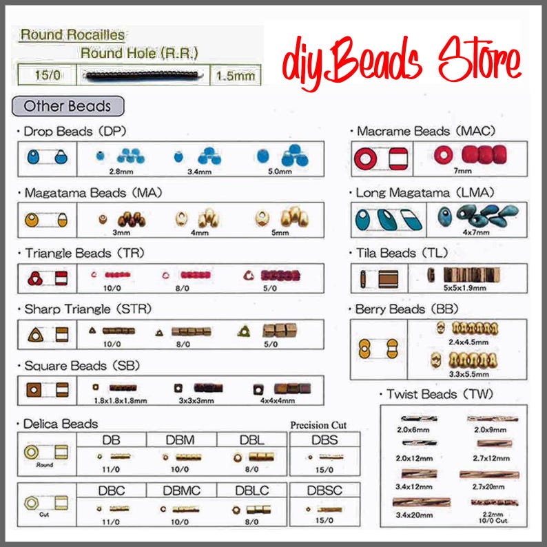 May include: A comprehensive bead reference chart titled diyBeads Store, displaying various bead shapes including Round Rocailles, Drop, Magatama, Triangle, Sharp Triangle, Square, Delica, Macrame, Long Magatama, Tila, Berry, and Twist beads with metric measurements.