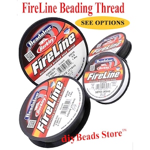 May include: Three spools of Beadalon Berkley FireLine microfused braided beading thread with black labels and red accents, featuring text including 125YD, 50YD, 4LB, and 0.005in diameter, flanked by two vertical strands of multicolored beads.