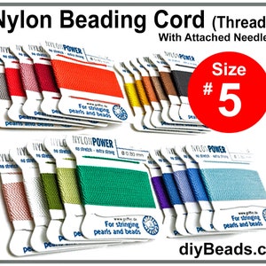 May include: Assortment of nylon beading cord spools in various colors, with a needle attached to each spool. The spools are labeled "Nylon Power" and "For stringing pearls and beads". The text "Size #5" is displayed in a red circle.