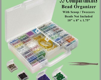 Bead Storage 55 Compartment Organizer, 10 X 8 X 1.75 In, 25.4 X 20.3 X 4.45  Cm / With Scoop & Tweezer Diybeads 