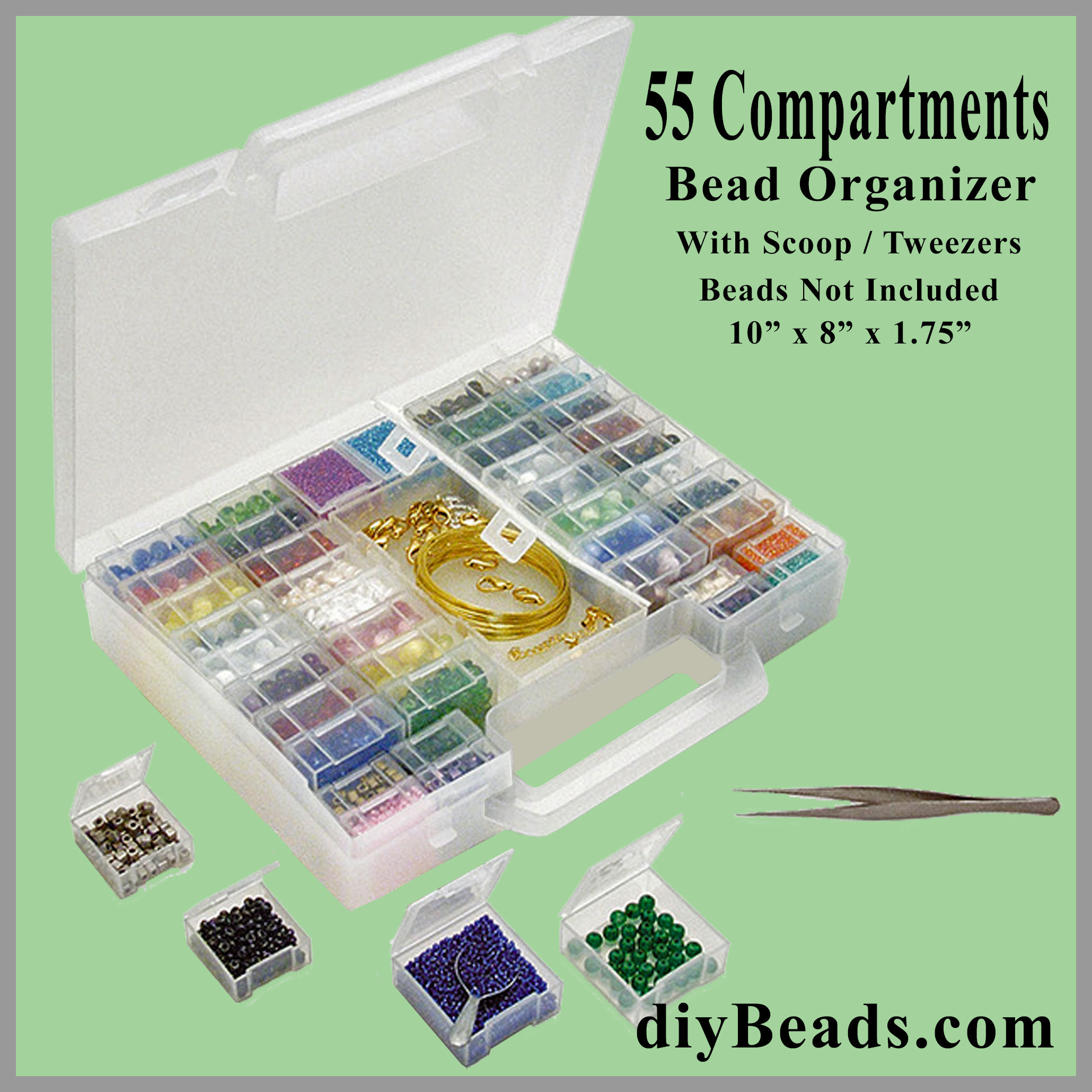 Bead Storage 55 compartment Organizer, 10 x 8 x 1.75 in, 25.4 x 20.3 x 4.45  cm / with Scoop & Tweezer - diybeads