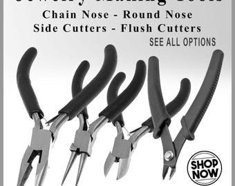 May include: A set of four jewelry making tools with black rubberized handles and silver metal heads, including chain nose pliers, round nose pliers, side cutters, and flush cutters. Text reads Jewelry Making Tools, SEE ALL OPTIONS, SHOP NOW, diyBeads.com.