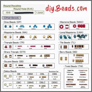 Peut inclure: Un tableau de r&eacute;f&eacute;rence complet des tailles et formes de perles de diyBeads.com pr&eacute;sentant diverses cat&eacute;gories comme les perles Round Rocailles, Drop, Magatama, Triangle, Sharp Triangle, Square, Delica, Macrame, Long Magatama, Tila, Berry et Twist avec des mesures m&eacute;triques.