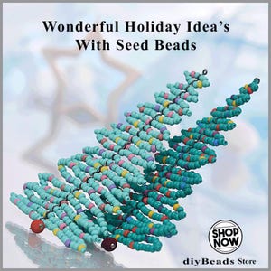 May include: A decorative tree ornament crafted from turquoise, pink, yellow, and red seed beads on a wire frame. The text "Wonderful Holiday Idea's With Seed Beads" appears at the top, and a "SHOP NOW" circular logo is at the bottom right.