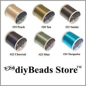 May include: Six spools of Miyuki beading thread in colors #19 Peach, #20 Tan, #21 Smoke, #22 Charcoal, #23 Mint, and #24 Turquoise. Each spool is labeled with the brand name, 330dtex, 100% nylon, and the specific color number. The text Etsy diyBeads Store is below.