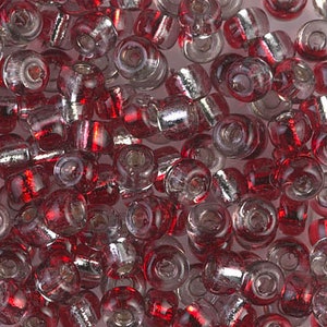 May include: A close-up of a pile of red and silver glass beads. The beads are round and have a shiny finish.