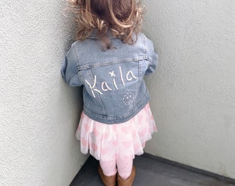 Baby girl denim jacket embroidered, personalized denim jacket girls, Hand Embroidered jean jacket, Toddler Jean Jacket with Name