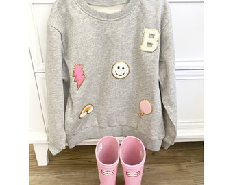 Chenille Patch Sweatshirt, Birthday Girl Sweatshirt, Smiley Patch Sweatshirt, Toddler Single Initial Monogrammed Chenille Patch Sweatshirt