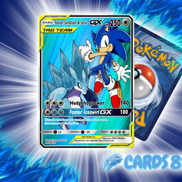 HANDMADE Pokemon Custom Card - Tagteam Alola Sandamer / Alolan Sandslash and Sonic - Holographic - Anglais ou Allemand