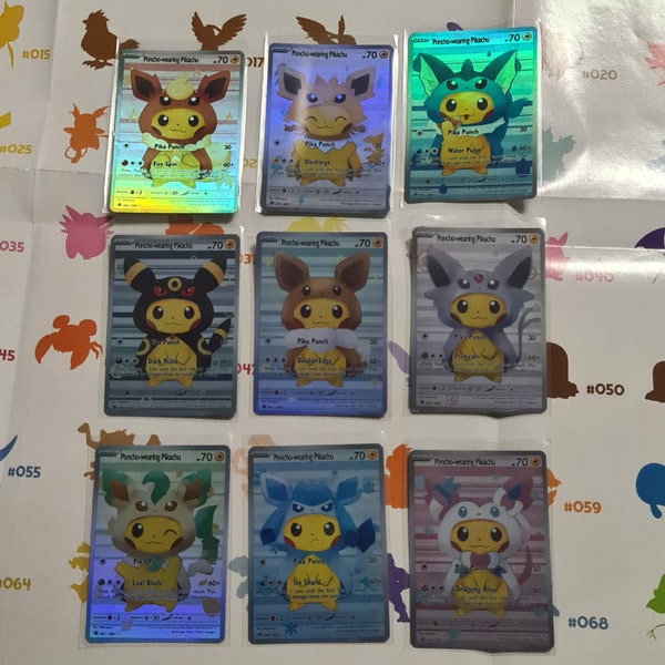 9x Card SET Pikachu Poncho Eevee Evolutions Custom Pokemon Cards