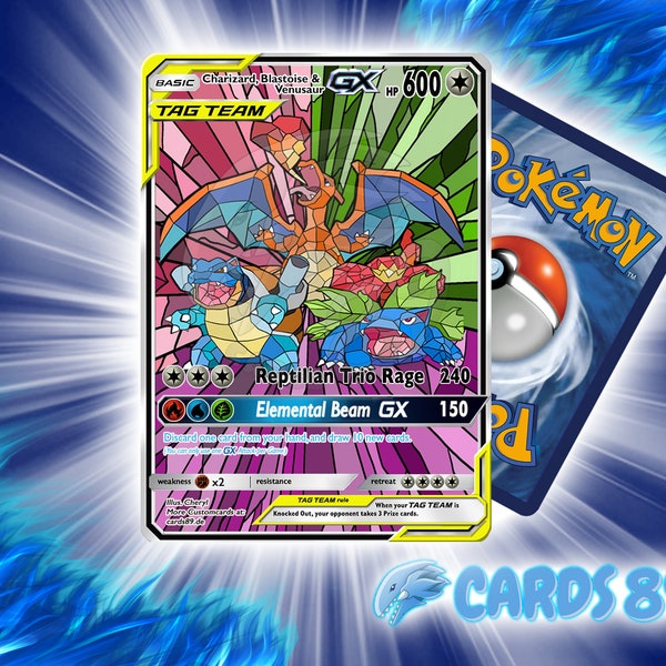 HANDMADE Pokemon Custom Card - Charizard, Blastoise and Venusaurt Tag Team  - Holographic - English - Stained glass Art