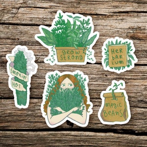 May include: Five illustrated stickers with a green and brown colour scheme. The stickers feature a potted plant with the text "Grow Strong", a woman with long red hair holding a bunch of green herbs, a brown paper bag with the text "Magic Beans", a bundle of green herbs with the text "SanoKin Hot", and a book with the text "Herbarum".