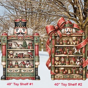 May include: Three decorative 40-inch toy shelf displays featuring nutcracker-themed frames. Each shelf unit is filled with miniature toys including teddy bears, rocking horses, trains, drums, and snowmen. The text 40" Toy Shelf #1, #2, and #3 is printed below.