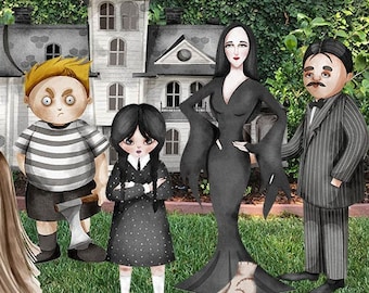 May include: A set of seven Halloween yard decorations featuring characters from the Addams Family. The characters include Gomez, Morticia, Lurch, Wednesday, Pugsley, Cousin Itt, and a spooky house.