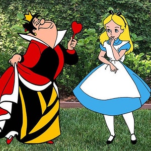 May include: Alice in Wonderland characters, the Queen of Hearts, Alice, and the Cheshire Cat, are depicted in a cartoon style. The Queen of Hearts is holding a red heart-shaped lollipop. Alice is wearing a blue and white dress and has her hand on her chin. The Cheshire Cat is grinning with its eyes wide open.