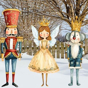 May include: Watercolor illustrations of four characters from The Nutcracker ballet: a Nutcracker soldier (40"x14"), Clara (36"x17"), the Mouse King (36"x13"), and the Prince (36"x11"). The characters are standing in a snowy outdoor scene.