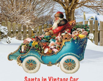 Vintage Santa in Vintage Car - Vintage Santa Yard prop - Christmas Santa yard decor