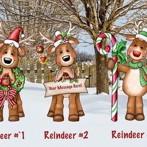May include: Three cartoon reindeer with festive holiday decorations. One reindeer wears a Santa hat and wreath, another holds a sign, and the third has a candy cane and bird. Text at the bottom reads "Reindeer #1", "Reindeer #2", and "Reindeer #3".