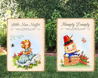 May include: Two vintage-style nursery rhyme illustrations. The first shows Little Miss Muffet sitting on a stool, eating curds and whey, with a spider hanging from a web above her. The second shows Humpty Dumpty sitting on a wall, with a butterfly flying nearby. Both illustrations have a light blue background and are framed in gold.