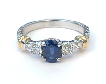 Oval Blue Sapphire Diamond Two Tone White & Yellow Gold Ring