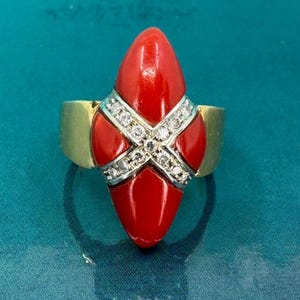 Vintage Red Coral Ring With Diamonds 18K Yellow Gold