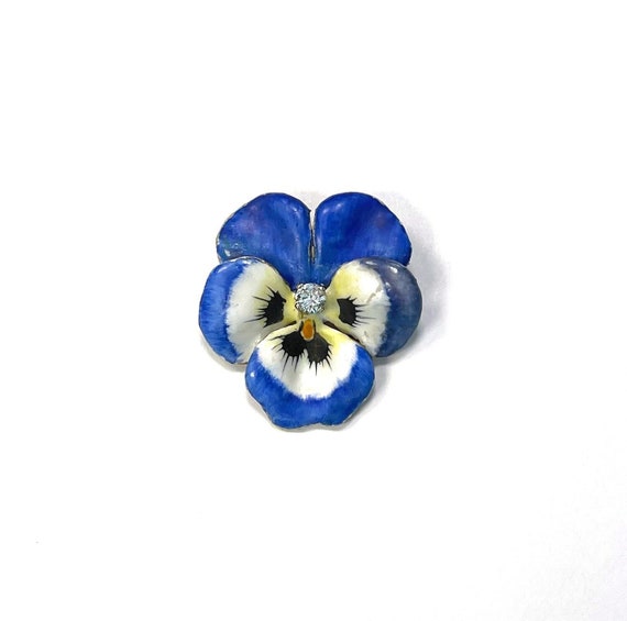 Vintage 14K Diamond Enamel Pansy Violet Brooch Pe… - image 1