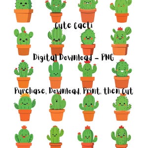 Digital Cute Cactus Printable Sticker Downloadable Sheet of 20 Stickers PNG