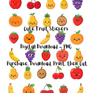 Digital Cute Fruit Printable Sticker Downloadable Sheet of 30 Stickers PNG