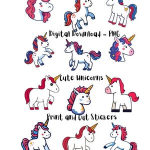 Digital Cute Unicorn Printable Sticker Downloadable Sheet of 12 Stickers PNG
