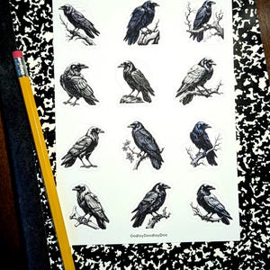 Gothic Black & White Raven Sticker Sheet Kiss Cut \ 12 Stickers