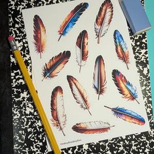 Colorful Eagle Feather Sticker Sheet Kiss Cut \ 12 Stickers