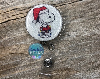 Snoopy Badge Reel, Retractable ID Badge Holder, Christmas Badge