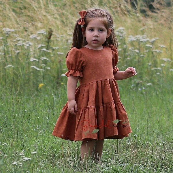 Rust Flower Girl Dress, Linen Bridesmaid Dress, Classic Wedding Girl Dress, Vintage Style Flower Girl Dress, Linen Boho Girl Dress