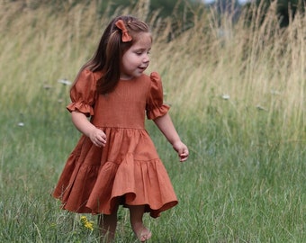 Flower Girl Linen Dress, Rustic Bridesmaid Dress, Gathered Skirt Wedding Girl Dress, Bohemian Bridesmaid Dress, Classic Boho Flower Girl