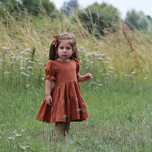 Linen Flower Girl Dress: Rust Vintage Style Wedding Dress