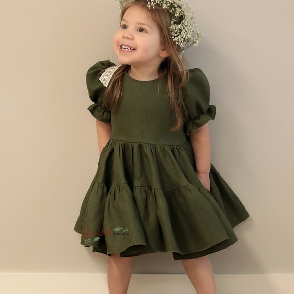 Linen Flower Girl Dress – Puff Sleeve, Tiered Ruffle Skirt, Wooden Buttons (Army Green)