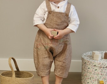 Brown Cacao Boy Romper, Linen Dungarees Brown, Linen Boy Playsuit, Brown Linen Dungarees, Romper género neutro, Bautismo Boy Romper