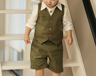 Toddler Linen Ring Bearer Outfit, Country Wedding Vest Shorts Suit